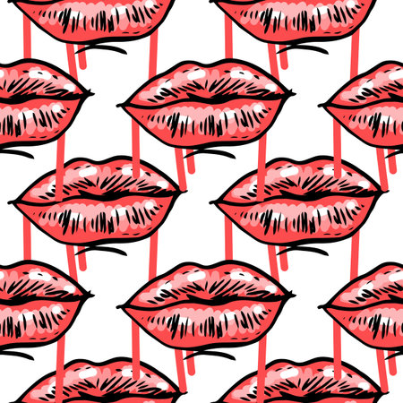 Vector hand-painted seamless pattern with ink with hand drawn woman s lipsのイラスト素材