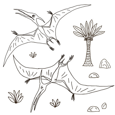 Vector hand-drawn illustration with  cute cartoon doodle dinosaur. Jurassic Park.のイラスト素材