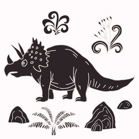 Vector hand-drawn illustration with  cute cartoon doodle dinosaur. Jurassic Park.のイラスト素材