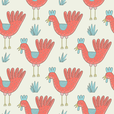 Vector hand-drawn seamless pattern with chicken in a village. Farm animal.のイラスト素材