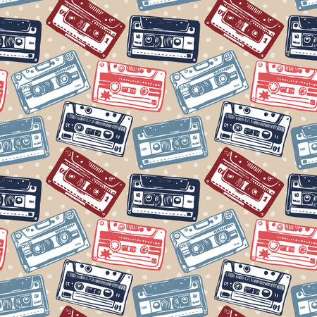 Vector seamless pattern with vintage cassettes, tapes,  old music.のイラスト素材