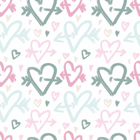Vector hand-painted seamless pattern with ink hearts. Abstract background. Doodles.