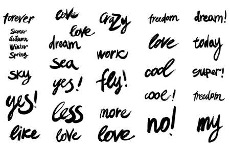 Vector hand-painted ink illustration with popular words lettering. Super, Love, Dream, Freedomのイラスト素材