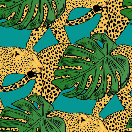 vector leopards in colorful tropical flowers seamless background.のイラスト素材