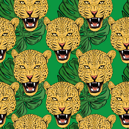 leopards in colorful  flowers seamless background. Animal illustrationの写真素材