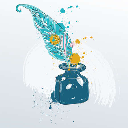 Vector illustration of feather quill pen standing in the bottle of ink.のイラスト素材