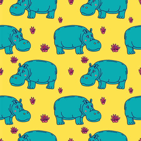 Cartoon animal, cute hippo on green backgrounds.のイラスト素材