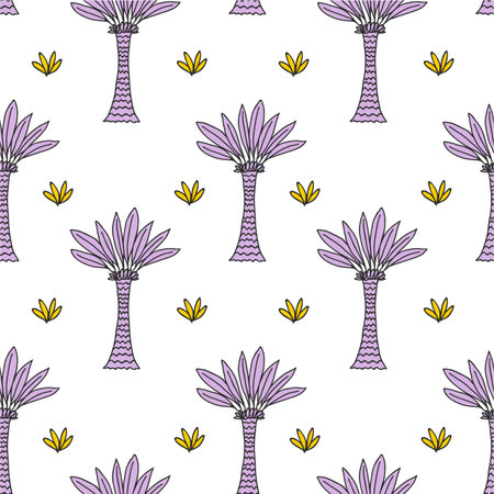 Seamless Tropical Jungle Palm Leaves Pattern. Doodle Exotic Flower. Vector Design Illustration.のイラスト素材