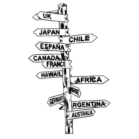Signpost. Direction signs, different countries UK, Japan, Chile, Spain, Canada France Hawaii Africa Germany Argentina Australia Isolated illustrationのイラスト素材