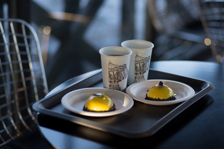 Two glasses of coffee and dessert with yellow icing on a table in a cafe