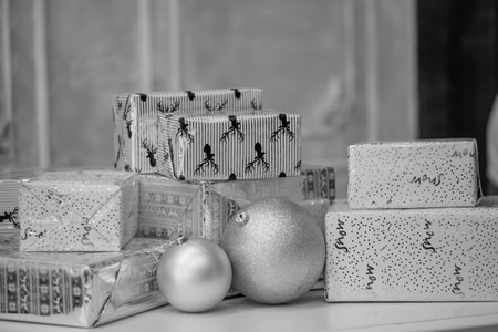 New Year, Christmas decor. Christmas toys and boxes with gifts.