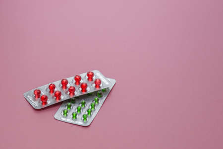 Medicine. Pills in blister packs textured background, close up, selective focus.の写真素材