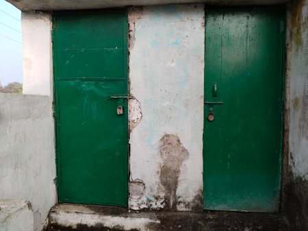 toilet door locked of government primary school, mostly student go outdoor for toilet. The toilet of students in schools in Indiaの写真素材