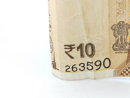 10 rupees banknote isolated on white background. Indian currency banknote