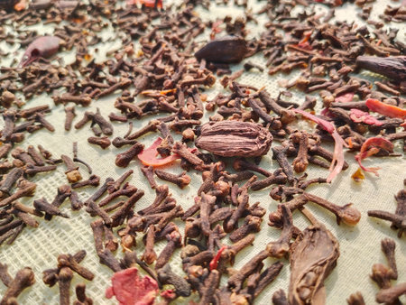 Variety of spices on bay leaf, ingredients for garam masala with Indian Chef statue, indian spice mix drying in sunlight .の写真素材