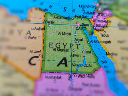 Egypt country and location on map, macro shot and close-up of Egypt on map, travel idea, vacation concept, Egyptian culture, Asia destination, top viewの写真素材