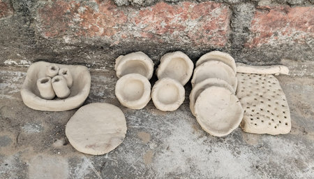 Handmade clay toys for kids to play. Indian small toy kitchen vessels made of soil on the floor. ...