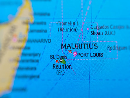 Mauritius country and location on map, macro shot and close-up of Mauritius on map,の写真素材