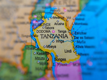 Tanzania country and location on map, macro shot and close-up of Tanzania on map, travel idea, vacation concept, Tanzanian culture, Asia destination, top viewの写真素材