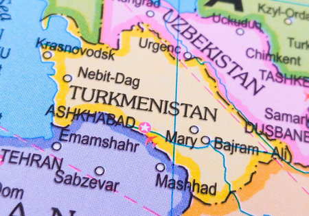 Turkmenistan represented on a colorful map of the world.