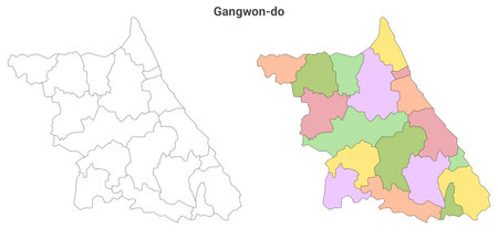 set of 2 political maps of gangwon province,  South Korea with regions isolated on white background. gangwon-do map with counties and citiesの写真素材