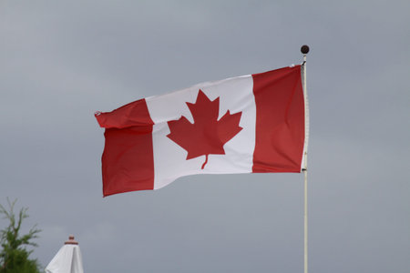 Canadian Flag gently waving in a light breeze on an overcast day
