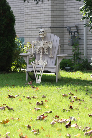 A decorative skeleton of a human, sitting in a yard chair, in preparation for Halloween.の写真素材