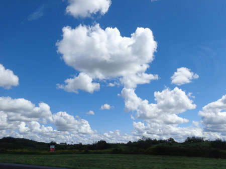 Fluffy, white clouds against a blue sky.