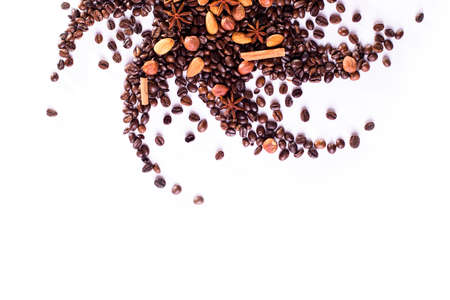 coffee still life made of coffee grains and different spices ona white backgroundの写真素材