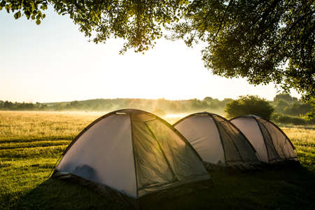 beautiful foggy morning in the camp with tents on a wild meadowの写真素材