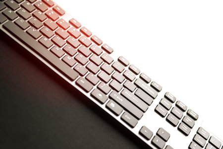 Keyboard in a front of monitor, Black keyboard with black and white copy space.