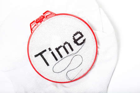 Beaded word, time on white background with copy space. The concept of short life.の写真素材