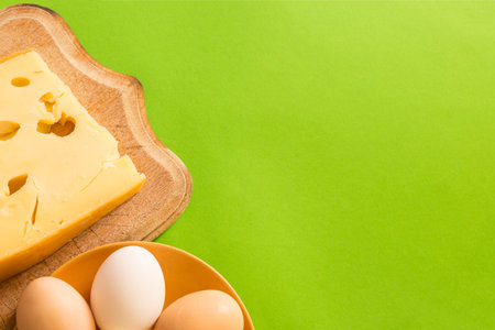 Maasdam cheese on a board with eggs on a plate, on a green background with copy space.