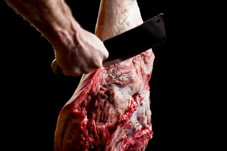 Butcher hand holds kitchen ax and cuting pork thigh.の写真素材