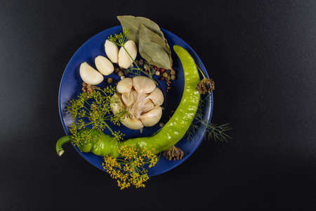 Herbs and spices prepared on blue plate, on black background.の写真素材