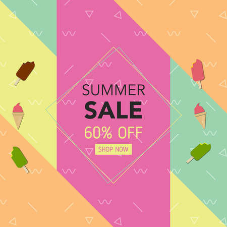 Summer Geometric Colorful Background with, Ice-Cream. Vector Illustration Template for Banner, Flyer, Invitation, Poster, Brochure, Voucher Discount Cardのイラスト素材