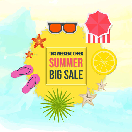 Summer Big Sale on Yellow Shape over Watercolor Background Top View Summer Elements, Vector Illustrationのイラスト素材
