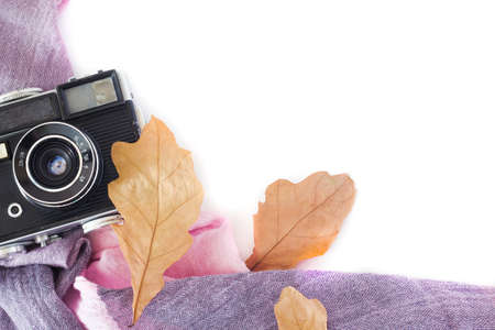 Autumn composition. Retro camera, autumn leaves on a white background. Nostalgia for autumn. The view from the top.の写真素材