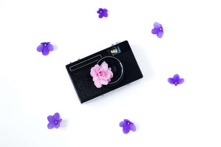 Vintage retro camera, decor of lilac flower buds pattern on white background. Flat lay, top viewの写真素材