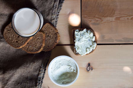 fresh cream cheese and bread and milkの写真素材