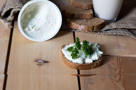 fresh cream cheese and breadの写真素材