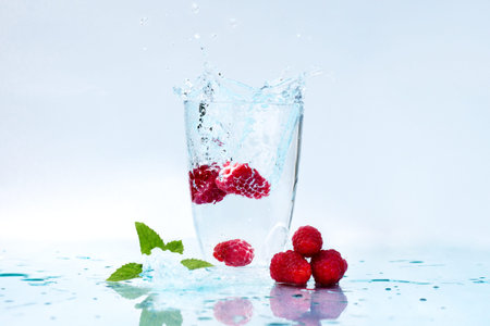 Tasty cold fresh drink lemonades with mint, raspberry.の写真素材