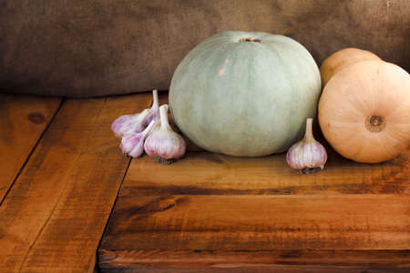 Vegetables: ripe pumpkin, garlic on a white backgroundの写真素材
