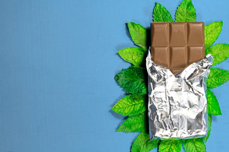 chocolate bar Top view with mint levesの写真素材