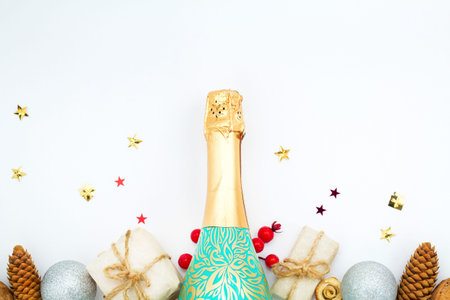 Christmas background. Christmas frame. frame, champagne, gold star, gift,の写真素材