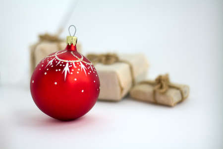 Red Christmas balls on white backgroundの写真素材