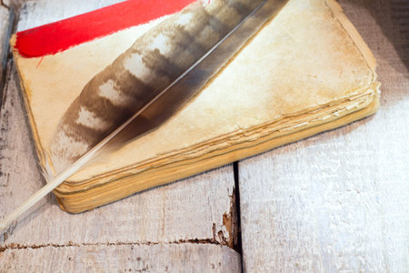 vintage quill pen on old book. top view