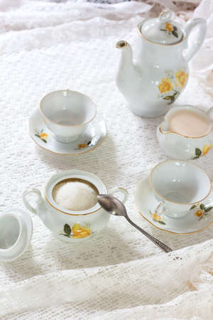 Vintage Tea Cups on a white Table Horizontal, Still-lifeの写真素材
