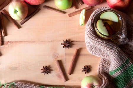 apple tea with cinnamon stick, star anise andt warm scarfの写真素材