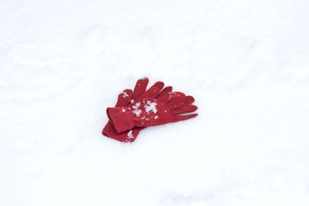 Playful Winter. Gloves lying on snow backgroundの写真素材